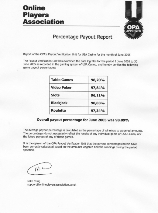 USA Casino Payout Report 2005