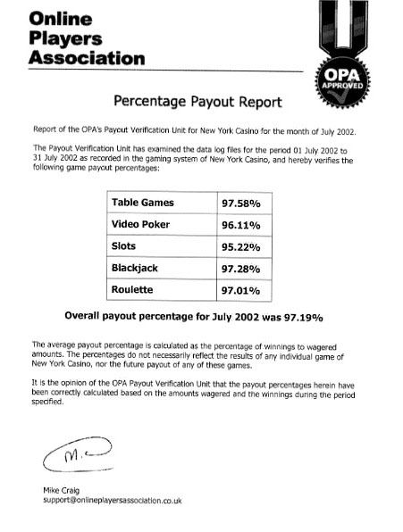 New York Casino Payout Report